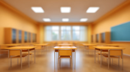 A bright and modern classroom featuring wooden desks and orange walls, illuminated by natural light. This empty learning space is ready for students and education.の素材