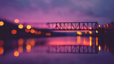 A stunning sunset scene over a river showcases a blurred bridge amidst bokeh lights, offering a peaceful and dreamy atmosphere perfect for creative projects.の素材