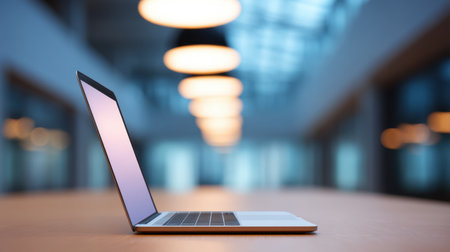 A modern laptop rests on a wooden table, showcasing a sleek design against a blurred office background illuminated by stylish pendant lights. Ideal for tech or workspace themes.の素材