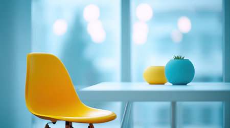 A bright and modern interior featuring a vibrant yellow chair next to a white table adorned with colorful planters. The cozy setting is filled with soft natural light, perfect for relaxation.の素材