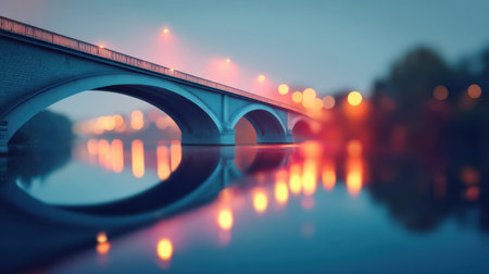 A tranquil night scene featuring an illuminated bridge arching over a calm river, mirrored by soft bokeh lights, creating a serene urban atmosphere.の素材