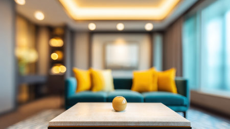 A modern living room featuring a stylish sofa with bright cushions, warm lighting creating a cozy ambiance, and a decorative table accent. Perfect for home design inspiration.の素材