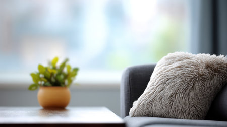 A serene living room setup featuring a plush pillow and a vibrant green plant on a stylish table, with soft natural light enhancing the cozy environment.の素材