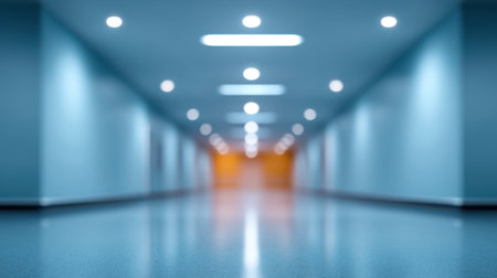 This abstract image captures a blurred perspective of a modern hallway, showcasing soft lighting and a reflective floor. Ideal for design concepts and contemporary themes.の素材