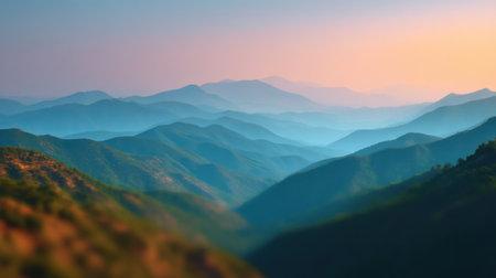 Experience the calm beauty of rolling mountains at dusk, where soft fog and gentle light create a serene and tranquil atmosphere in nature's embrace.の素材