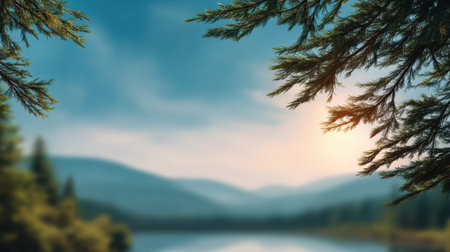 A stunning view of a calm lake surrounded by evergreen forests and mountains. This serene landscape captures the essence of nature's peace at dusk, creating a perfect retreat.の素材