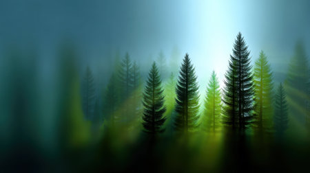 A serene forest scene featuring tall conifer trees shrouded in thick mist, with gentle sunlight piercing through, creating a calming and atmospheric landscape.の素材