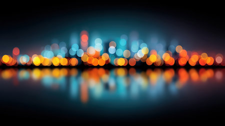 Enchanting abstract image that highlights a night cityscape lit with vibrant bokeh lights. The soft reflections on the water create a serene, dreamlike atmosphere.の素材