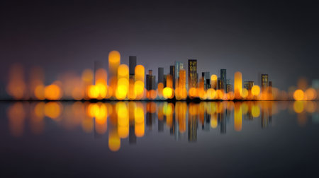 Discover a stunning night cityscape with colorful bokeh lights reflecting on a serene water surface. This abstract urban scene evokes a dreamy atmosphere.の素材