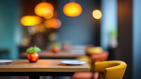 A beautifully designed restaurant interior featuring textured wooden tables and bright chairs, capturing a cozy ambiance with warm lighting for a delightful dining experience.の素材
