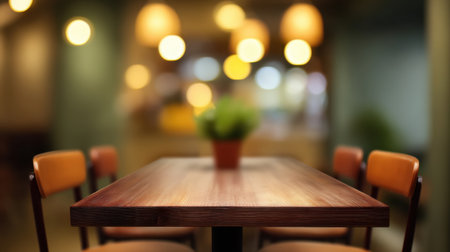 A cozy restaurant scene featuring a wooden table and chairs with a blurred background. Warm lights and a small plant enhance the inviting atmosphere for dining.の素材