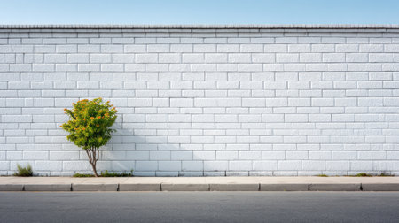 A minimalist urban scene showcasing a single tree against a white brick wall under a clear blue sky, creating a serene atmosphere with soft shadows on a paved road.の素材