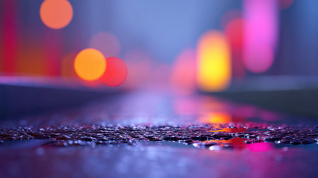 Vibrant city lights reflect on wet pavement at night, creating a colorful and atmospheric scene. The bokeh effect enhances the dreamy quality of this urban landscape.の素材
