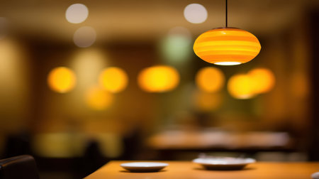 A sophisticated restaurant interior featuring soft glowing pendant lights that enhance a cozy atmosphere for dining and socializing in a modern space.の素材
