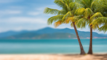 Experience the tranquility of a tropical beach scene, featuring gentle palm trees, a soothing ocean backdrop, and soft mountain blur, perfect for relaxation.の素材
