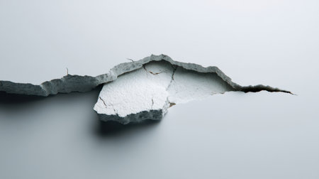 This image showcases a textured cracked surface with torn edges, revealing an underlying material against a neutral background, perfect for artistic or conceptual projects.の素材