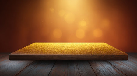 A beautifully lit golden sparkling surface rests on a wooden base, set against a warm bokeh light backdrop. Ideal for showcasing products or creating abstract designs.の素材