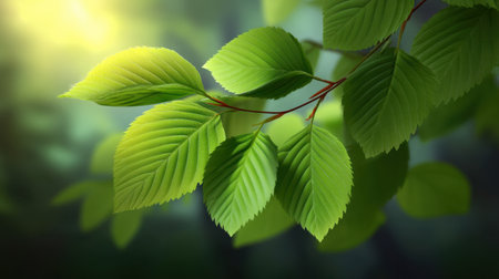 Lush green leaves capture the essence of nature with bright sunlight filtering through a serene forest. Ideal for themes of tranquility and natural beauty.の素材
