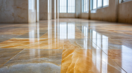 A visually striking image showcasing glossy marble tiles reflecting abundant natural light within a modern interior space, exuding elegance and tranquility.の素材