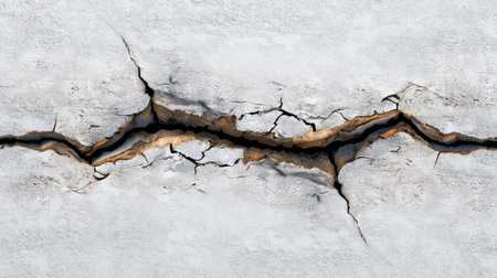 Close-up of a cracked concrete surface revealing deep fissures and rough textures, ideal for use in construction, repair themes, and architectural projects.の素材