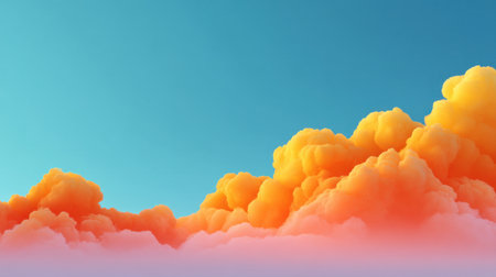 Captivating image of fluffy clouds in shades of orange and yellow against a serene blue sky, providing a perfect backdrop for artistic projects or relaxation themes.の素材