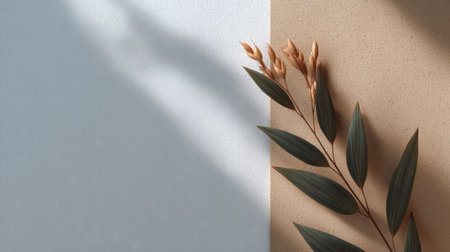 Discover a serene and minimalist composition featuring elegant green leaves against a soft textured wall, enhanced by gentle light shadows and earthy tones.の素材