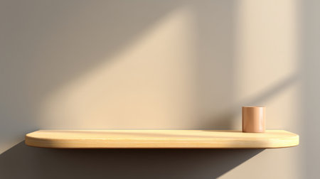 A minimalist wooden shelf elegantly illuminates a soft wall, featuring a single round cup that adds a touch of tranquility and warmth to modern interior spaces.の素材