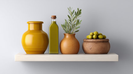 A beautiful still life composition featuring olive oil in a glass bottle, decorative jars, and fresh olives on a wooden shelf. Perfect for kitchen decor inspiration.の素材