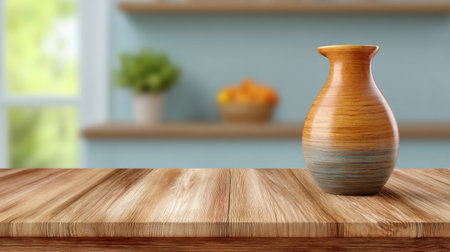 A beautifully crafted wooden vase stands on a rustic table, creating a serene and elegant atmosphere in a sunny kitchen. Ideal for decor inspiration.の素材