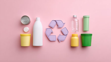 A vibrant collection of various plastic containers and recyclable items showcased on a pink background, emphasizing the importance of recycling and environmental consciousness.の素材