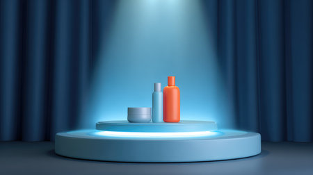 A modern product display featuring two elegant cosmetic bottles and a minimalist blue bowl, illuminated by dramatic lighting, set against dark blue curtains, perfect for beauty branding.の素材