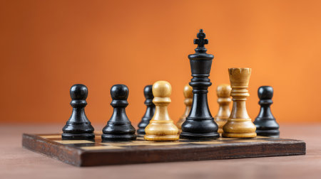 Engaging close-up shot of chess pieces on a wooden board with a warm background, highlighting the essence of strategic thinking and competitive spirit in gaming.の素材