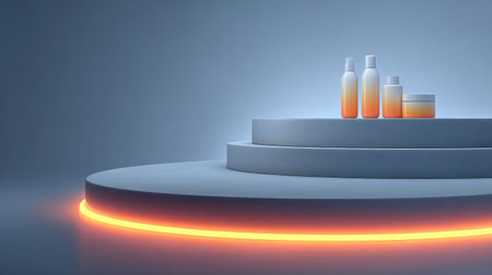 Discover a stunning scene featuring cosmetic products elegantly arranged on a circular platform with soft gradient lighting, perfect for beauty marketing and branding.の素材