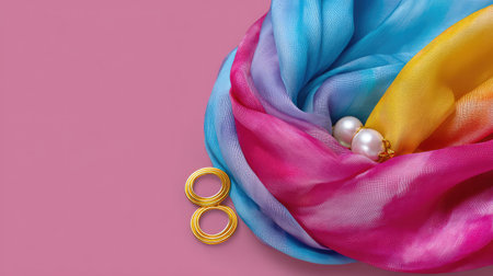 A beautiful arrangement of vibrant fabric scarves alongside exquisite pearl earrings, creating an elegant, stylish composition on a soft pink background. Perfect for fashion-related themes.の素材