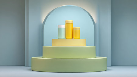 A stylish arrangement of colorful cosmetic containers showcased on geometric pedestals, set against a softly toned backdrop, perfect for beauty product marketing.の素材
