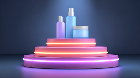 A visually appealing arrangement of skincare products on a modern pedestal, enhanced by soft neon lighting, perfect for branding and promotional purposes in the beauty industry.の素材