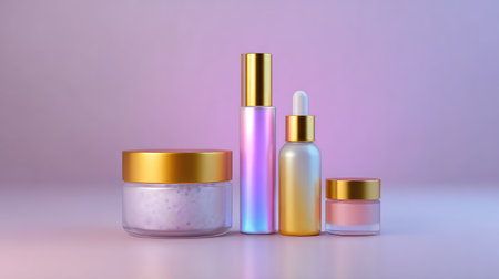 A stunning arrangement of skincare products featuring elegant jars and bottles with gold accents on a soft gradient background, perfect for beauty and wellness branding.の素材