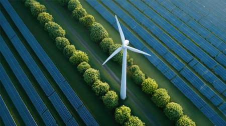 This image captures a breathtaking aerial view of a wind turbine nestled among lush trees and solar panels, representing sustainable energy solutions in a vibrant farmland setting.の素材