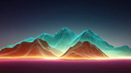 Explore a stunning abstract landscape featuring stylized mountains, vibrant colors, and intricate lines, creating a captivating visual experience of tranquility and beauty in nature.の素材