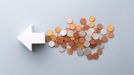 A unique arrangement of various coins flowing toward a white arrow, symbolizing direction in financial growth and investment strategies on a soft blue background.の素材