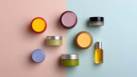 A visually appealing flat lay of assorted skincare products, featuring vibrant jars and oils on a stylish two-toned background to enhance the concept of beauty and self-care.の素材