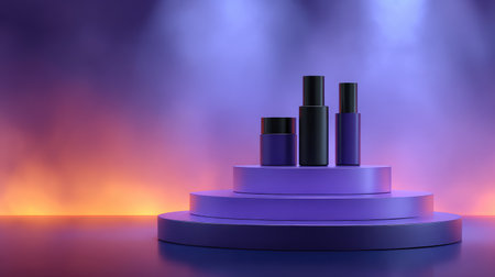 Captivating image of a stylish podium featuring elegant cosmetic containers in a vivid purple hue, ideal for beauty promotions and marketing visuals in cosmetic and wellness industries.の素材