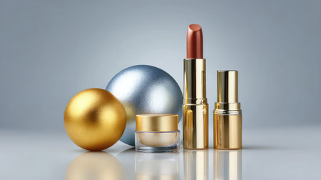 A stunning arrangement of luxurious makeup products including lipsticks and creams, paired with elegant decorative elements, perfect for beauty advertising.の素材