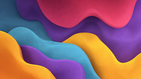 Vibrant abstract design featuring flowing waves in shades of purple, pink, blue, and yellow, perfect for use in modern artwork, digital projects, and creative backgrounds.の素材
