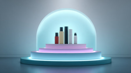 A contemporary arrangement of skincare and cosmetic products displayed under a stylish dome, illuminated by soft neon colors, ideal for marketing and advertising purposes.の素材