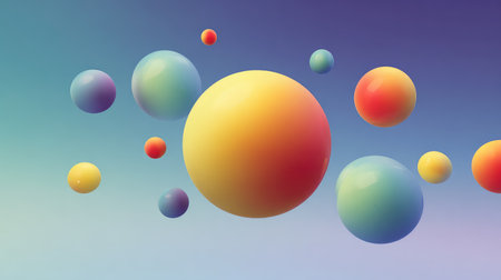 Colorful 3D spheres float in a harmonious gradient background, offering a vibrant and modern design perfect for creative projects, digital art, and visual inspiration.の素材