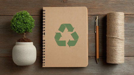 A clean and minimalistic workspace featuring a recycled notebook, a small green plant, and eco-friendly materials, ideal for promoting sustainable and environmentally conscious practices.の素材