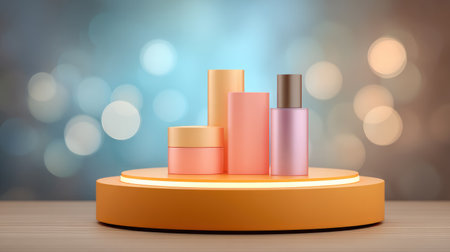 A sleek arrangement of skincare products showcased on a round pedestal, set against a softly blurred bokeh background, perfect for beauty promotional materials.の素材