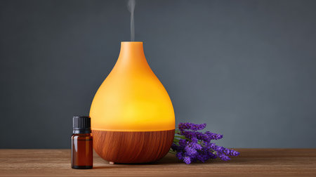 This image showcases an aromatherapy diffuser with warm yellow light, alongside lavender flowers and essential oil, promoting relaxation and tranquility in any setting.の素材