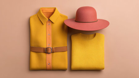 A vibrant flat lay of yellow clothing pieces, including a stylish shirt, sweater, and a wide-brimmed hat, perfect for showcasing trendy fashion styles and lifestyle inspiration.の素材